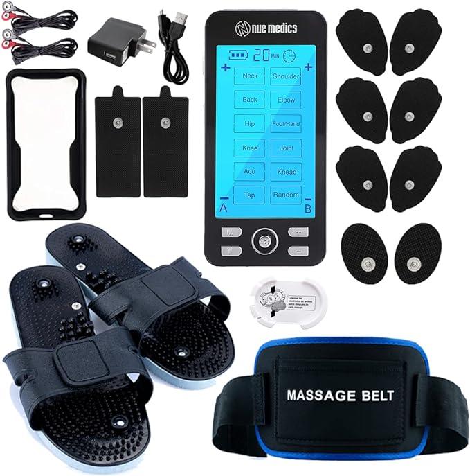 TENS Unit Muscle Stimulator for Pain Relief Muscle Therapy Rechargeable EMS Device with Electrode Pads,Massager Belt & Foot Slippers Included, Electric Pulse Massager for Back,Neck,Shoulder,Sciatica