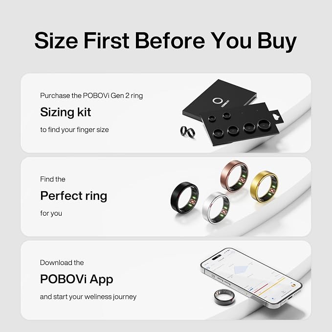 POBOVi Gen 2 Titanium Smart Ring for Women & Men, Sleep & Heart Rate Tracker, No Subscription, Size Before You Buy (Polished Black, 12)