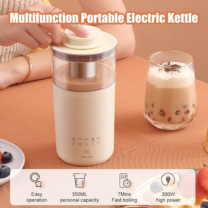 5-In-1 Portable Electric Kettle DIY Differen Drinks, 110V Milk Tea Machine Coffee Maker Auto Stir Milk Foam Maker 350ML Personal Travel Mug, 7Minutes Fast Boiling