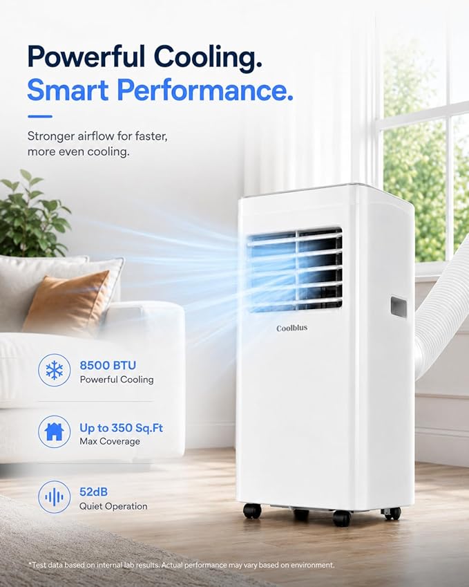 Coolblus Portable Air Conditioners, 8500 BTU Portable AC Cool Up to 360 Sq.Ft, 3 IN 1 with Remote Control, Sleep Mode, Window Kit, No Wall or Window Installation Needed, White-8500BTU