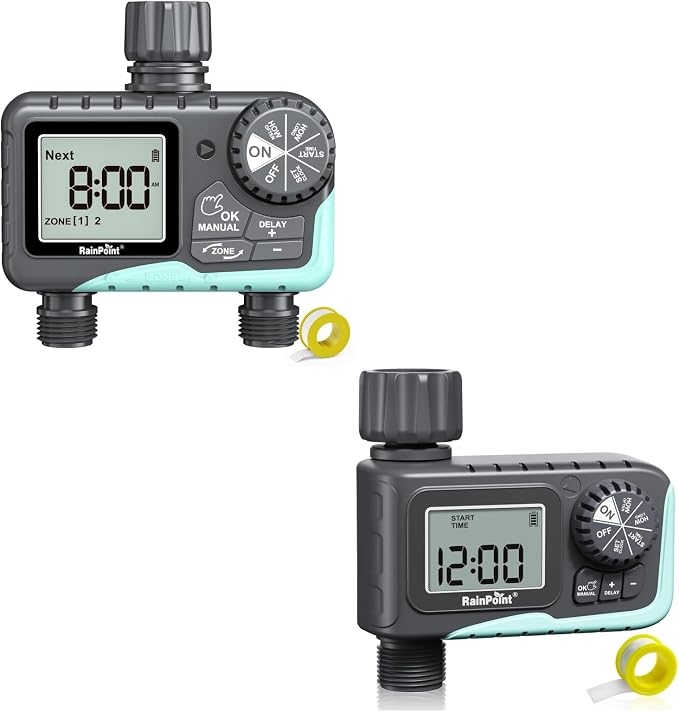 RAINPOINT Sprinkler Timer 2 Outlet, Water Timer for Garden Hose, Programmable Drip Irrigation for Yard Outdoor Watering, Rain Delay/Manual/Automatic System Controller 2.5" LCD, V2