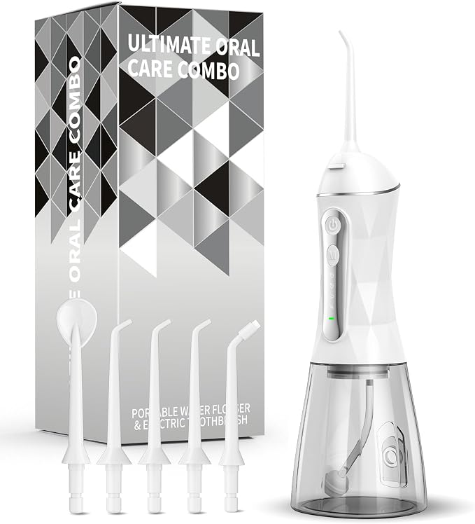 Electric Water Dental Flosser - Cordless Portable Teeth Cleaner, Rechargeable 320ML Larger Water Tank Oral Irrigator, 4 Modes with 5 Jet Tips and Travel Bag, IPX7 Waterproof (White)
