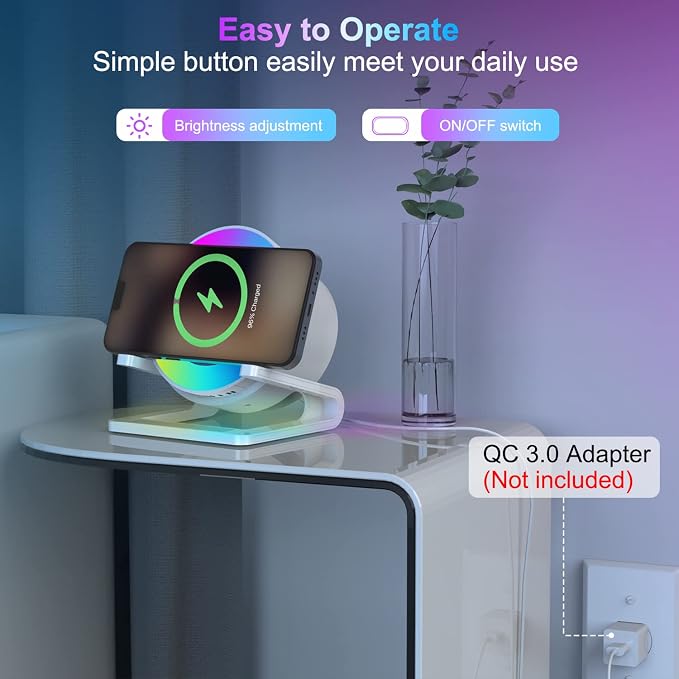 doopo Night Lights Bluetooth Speaker,Wireless Charger 15W with Phone Holder, Touch Control Bedside Lamp Dimmable with Dynamic Colored Music Light, Gifts for Teenage Girls Boys Room Decor