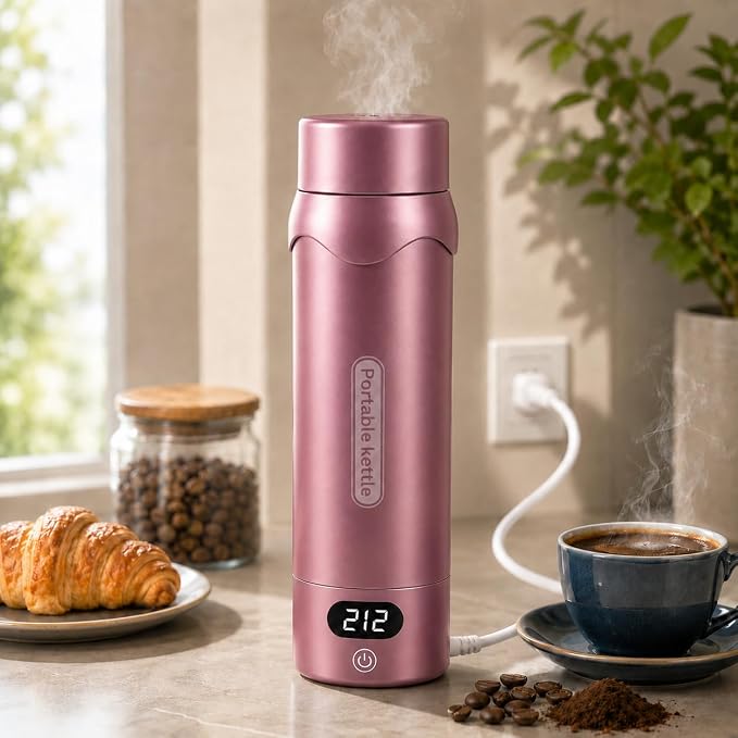 Insulated Stainless Steel Electric Kettle Small, Smart Water Bottle with 4 temperature control, Leak-Proof, Mini Travel Essentials Portable Office Gifts for Tea Lovers, Black Cherry