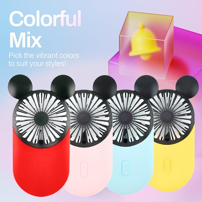 Cute Mouse Personal Mini Fan, Rechargeable Handheld USB Fan, 3 Adjustable Wind Speeds and Wearable Design, Portable Pocket Size for Travel/Outdoor/Vacation/Park Trip (Red+Pink+Blue)