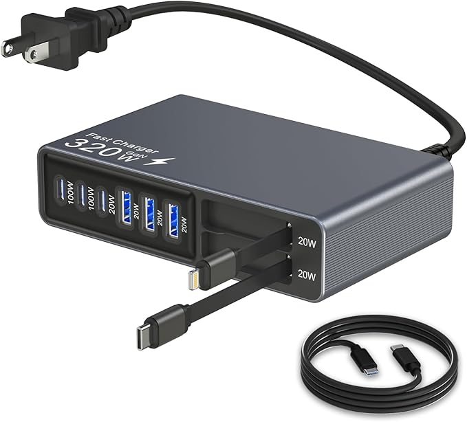 X-Star 320W 8-Port Retractable USB C Charger Block Charging Station,Upgraded GaN3.0 PD 100W Desktop Laptop Chargers,Fast Multiple USB Charging Hub for MacBook Pro/Air,iPad,Galaxy, iPhone17/16/15 etc