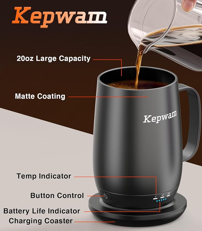 Kepwam Smart Heated Coffee Mug T2-Plus, 20oz Rechargeable Self Heating Coffee Mug with 8-Hour Battery & Temp Control, Perfect Coffee Warmer Gift for Men Women