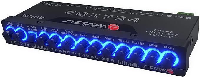 Stetsom EQX764-7 Band Equalizer, Pre-Amp Car Audio Graphic Equalizer with 4 Inputs (RCA & High) 6 Outputs, 10v Line Driver to Avoid Noise and Dedicated Sub Controls (Level & Frequency)