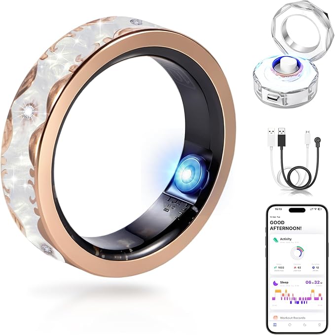 V10 Smart Ring for Women Health Tracker Ring with Heart Rate, Blood Oxygen,Blood Pressure, Sleep & Stress Tracker,iOS & Android Compatible, No APP Fee,IP68 Waterproof Fitness Ring White 10#