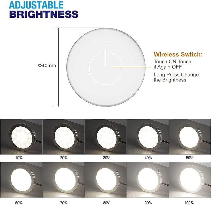 VST Under Cabinet Lighting Plug in with Wireless Touch Dimmer Switch, Recessed or Surface Mount Design, Warm White 3000K 12V 2W(12W Total, 60W Equivalent), 6 Pack Puck Lights Fixtures