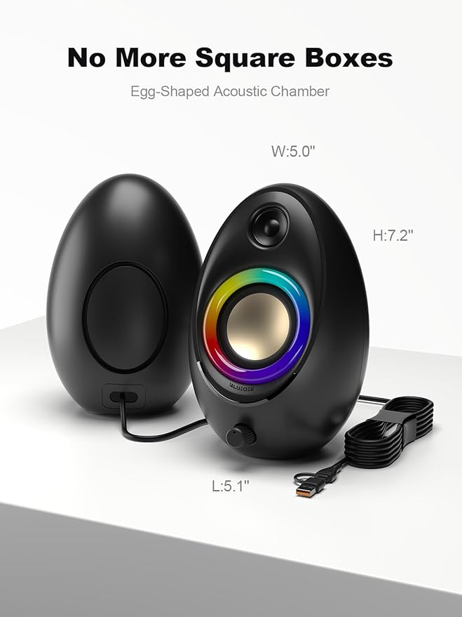 Bluedee Computer Speakers for Desktop PC, 20W Peak Power Bluetooth 5.4 USB/USB-C Powered PC Speakers with 8 RGB Effects, Plug & Play Clear Stereo Sound with Enhanced Bass for Desktop, Laptop
