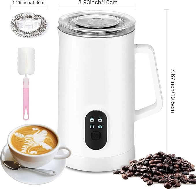 Milk frother, 4 in 1 milk frother with heating function, 580ml/19.6oz Automatic hot and cold coffee foamer, Latte, Cappuccino, Macchiato, Hot Chocolate, milk steamer with temprature control (1, White)