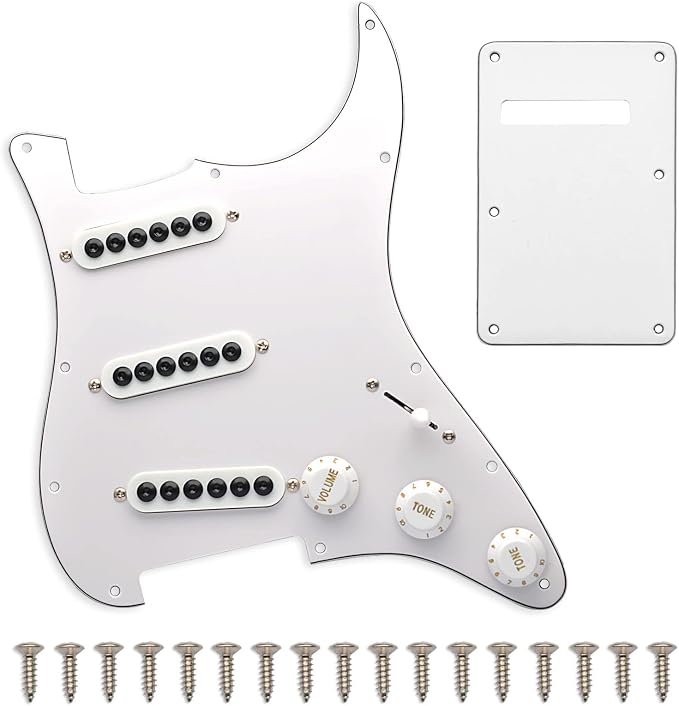 SAPHUE Prewired ST Pickguard Coil Pickups Adjustable Big Screws Loaded Electric Guitar Pickguard for Fender Strandard Straocaster Guitar Parts (SSS,White)