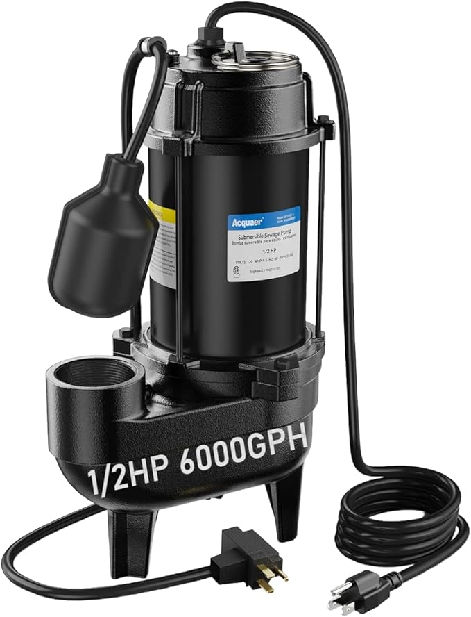 Acquaer 1/2HP Submersible Sewage/Effluent Pump, 6000 GPH, Cast Iron, Automatic Tethered Float Switch, 115V Sump Pump for Sump Basin, Residential Sewage, Basement, 2'' NPT Discharge