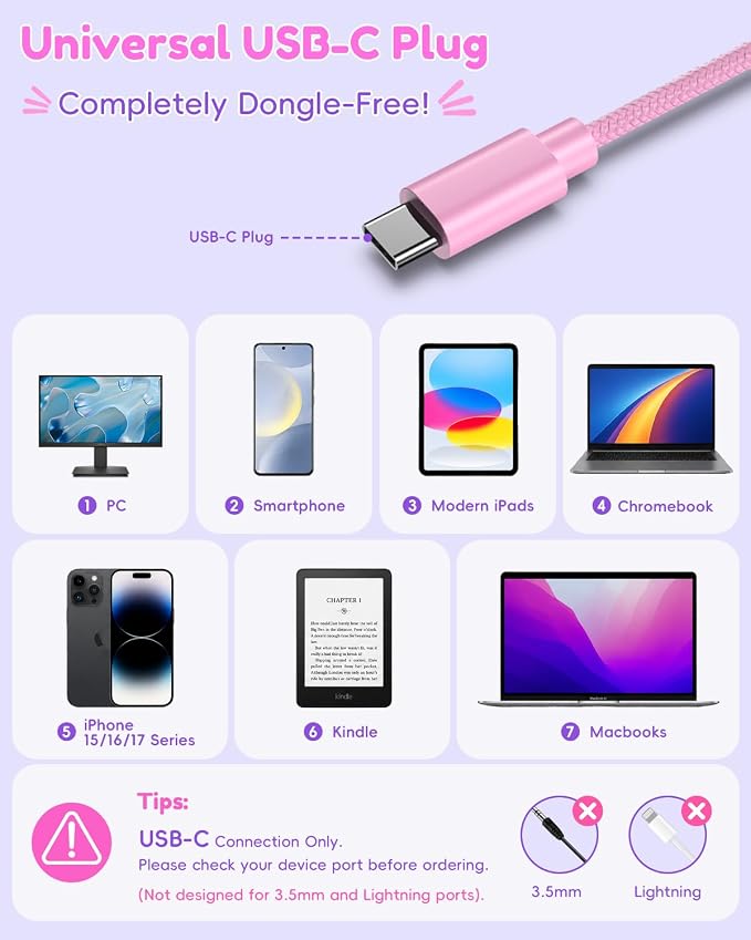 Candy Bila Wired USB C Kids Headphones, 85dB Safe Volume, HD Stereo Sound, Adjustable Headband, Foldable Over-Ear Design for School/Travel/Boys/Girls/iPad/Tablet (Gradient Rose Pink)