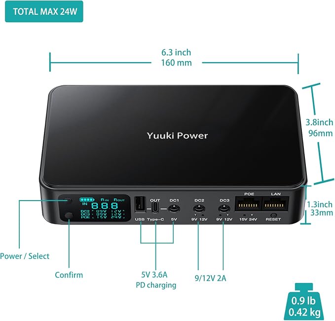Mini UPS for Wifi Router, USB 5V⎓3.6A DC UPS 12V⎓2A Battery Backup 9V⎓2A 10400mAh(32Wh)