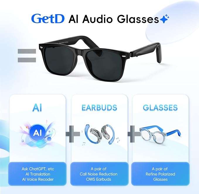 AI Glasses for Men & Women, Smart Glasses Powered by ChatGPT, AI Real-time Translation with 145 languages, 11H Music Play, Bluetooth Sunglasses with Polarized Lens, UV Protection for Daily Use, Travel
