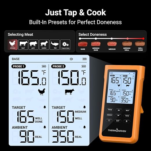 ThermoMaven 3000FT Smart Wireless Meat Thermometer – Sub-1G Long Range, 6 Sensors NIST Certified Accuracy, 2 Thin Probes, Standalone Base with Large LCD for Grill, Smoker, Oven, BBQ