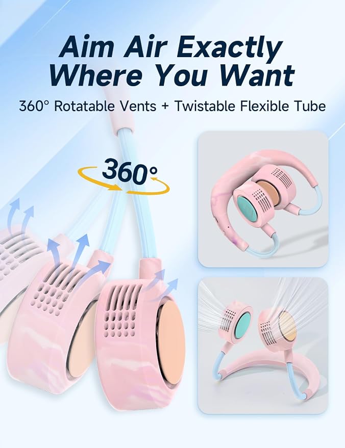 Portable Neck Fan, Hands Free Personal Fan, 5 Speeds, Flexible Small Thin Cooling Fan, Quiet Foldable Rechargeable Wearable Fans, Outdoors, Work, Summer, Hot Flashes (Fluid Pink)