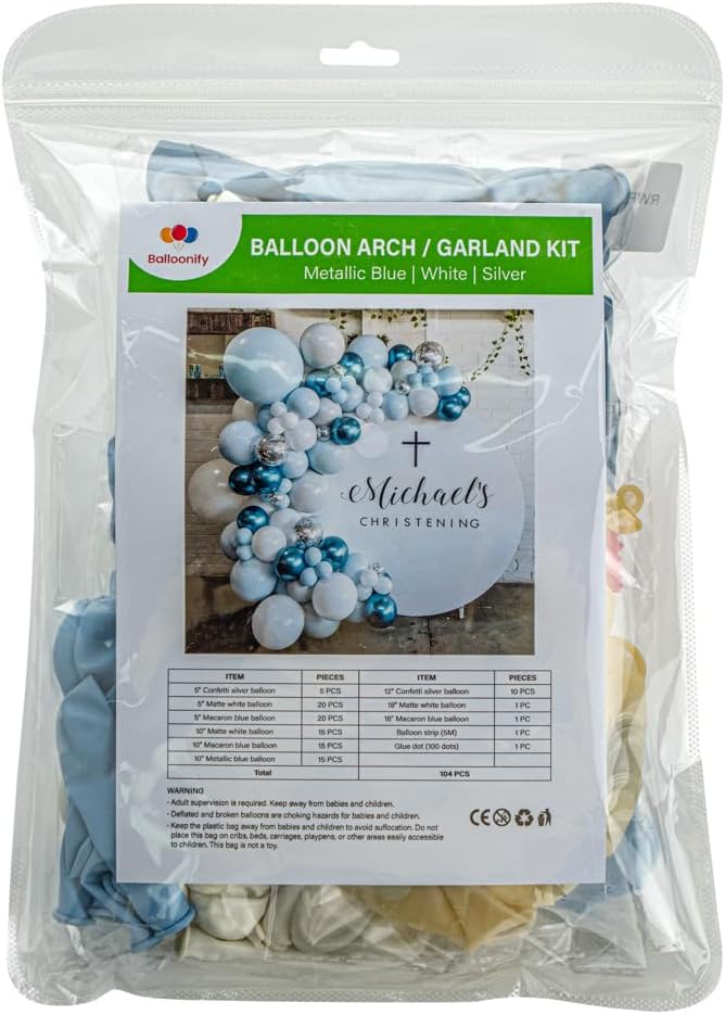 Restaurantware-Balloonify Balloon Garland Set, 1 Party Decoration Kit - 102 Balloons, With Chain, Metallic Blue, White, & Silver Latex Balloon Arch Kit, Includes Glue Dots
