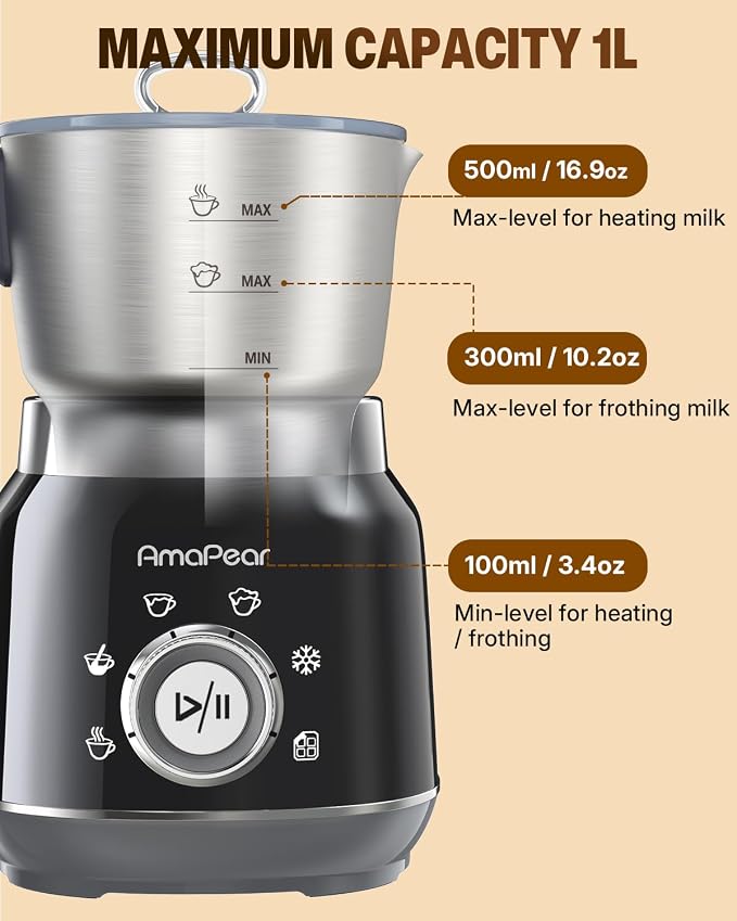Milk Frother and Steamer, 6 in 1 Electric Foam Maker for Coffee, 16.9oz/500ml Milk Warmer for Latte, Macchiato, Cappuccino, Hot Chocolate Maker, Dishwasher Safe (Black)