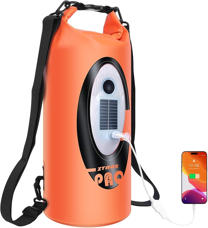 FELICON Waterproof Dry Bag Backpack with Bluetooth Speaker, 10L Roll Top Floating Sack, Solar & USB-C Powered Emergency Charger, RGB Light, Heavy Duty PVC for Kayaking Camping, Orange