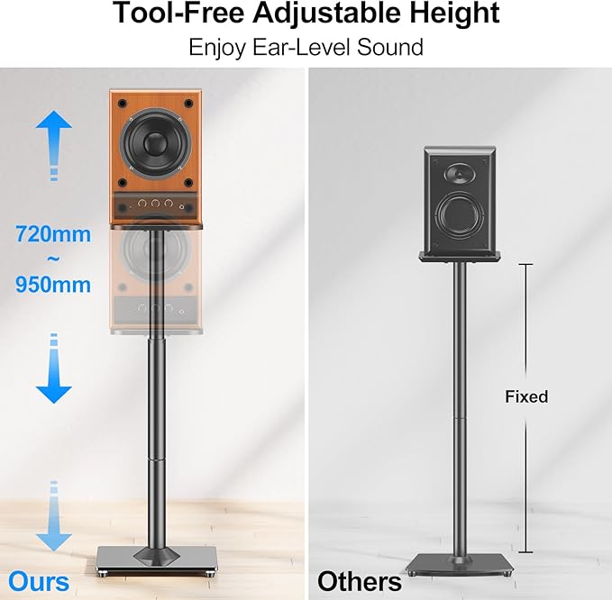 MOUNTUP Universal Speaker Stands Pair, 28.3" to 37.4" Height Adjustable Floor Speaker Stands, Holds Bookshelf & Large Satellite Studio Speakers, Cable Concealing, 22LBS Capacity, 9.8" Plate, Black