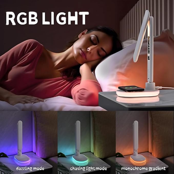IHAO Luxury Multifunctional LED Desk Lamp10W Qi Wireless Charger Digital Alarm Clock Ambient Light & Temperature Display Adjustable Eye-Care Table Lamp with Leather Texture Design Table Lamp-U20 White