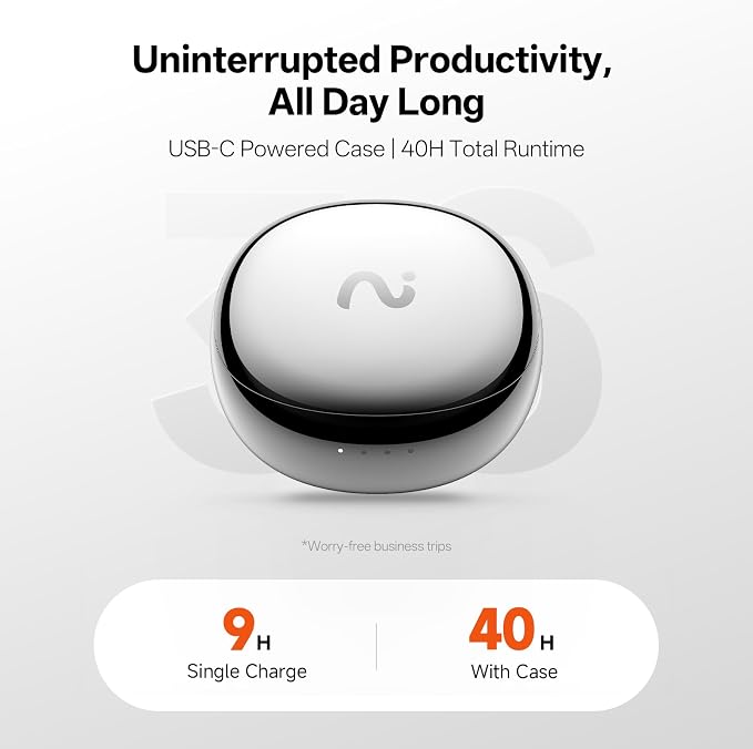 Nano+ AI Voice Recorder Earbuds: Pocket Note Taker for Meetings, Calls & Lectures. Real-time Transcription, 45dB Hybrid ANC, AI Assistant for Productivity, AES-256 Secure, Silver