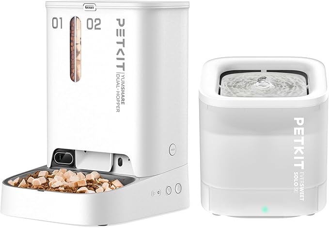 PETKIT YumShare Dual Hopper Automatic Pet Feeder for Cats and Dogs, 1080P Camera Smart Cat Dog Feeder with Night Vison and 2-Way Audio, 1.85L Wireless Pump Cat Water Fountain