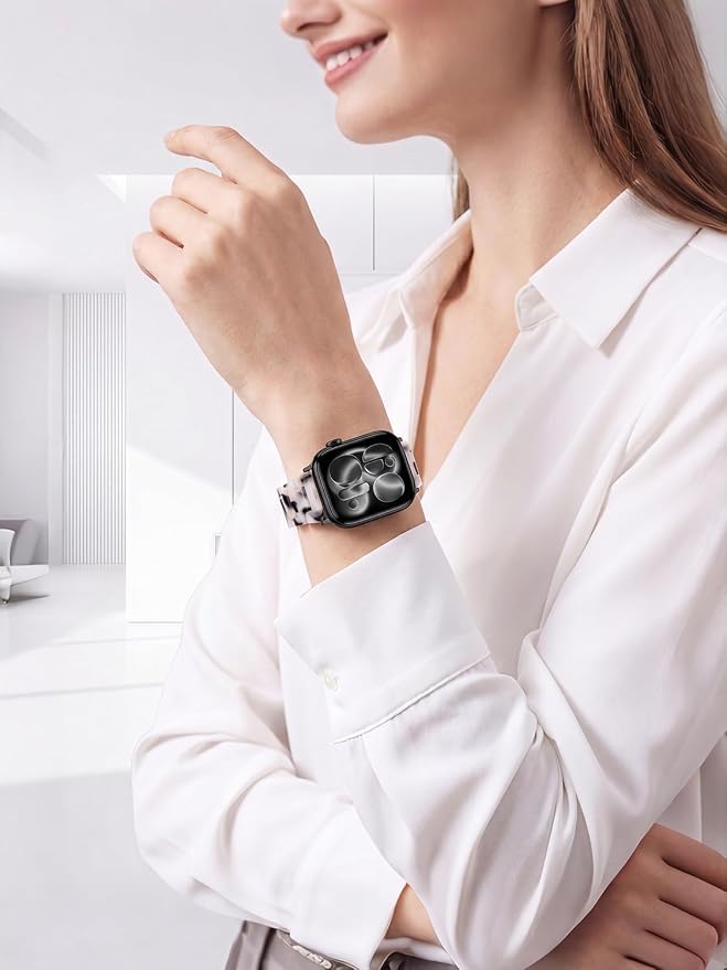 V-MORO Resin Bands Compatible with Apple Watch 42/40/41/38mm Series 11/10/9/8/7 Fashion Lightweight Strap Bracelet Compatible for iWatch Series SE/6/5/4/3/2/1(Tortoise Stone Flower-Black)