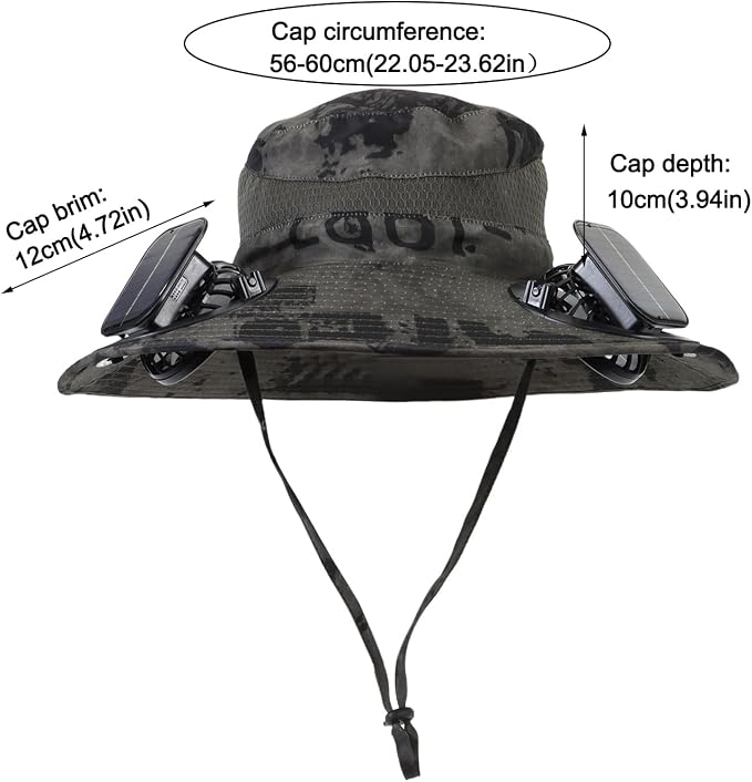 Outdoor Solar Powered Fan Hat for Men Women Breathable Wide Brim Hat with 2 Fans UPF 50+ Fishing Hat Beach Bucket Sun Hat