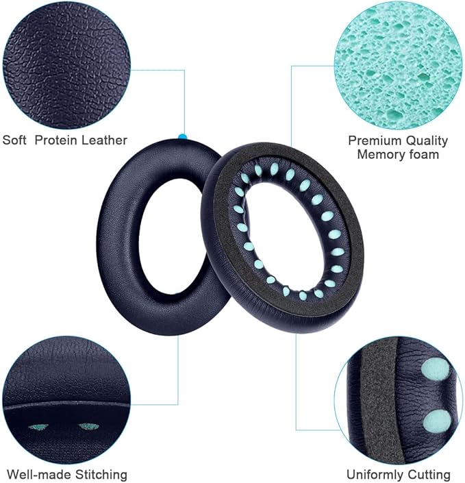 ELZO Replacement Ear Pads for Bose QuietComfort 45 (QC45)/QC SE Headphones, Premium Softer Leather, High-Density Noise Cancelling Foam, Added Thickness, Blue
