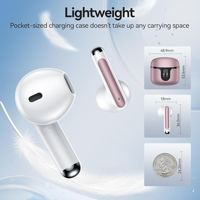 Wireless Earbuds, Bluetooth 5.4 Headphones HiFi Stereo with 4 HD Mic, 50H Playtime Bluetooth Earbuds with Dual LED Display, IPX7 Waterproof Wireless Earphones, Touch Control Ear Buds,USB-C, Rosa Gold