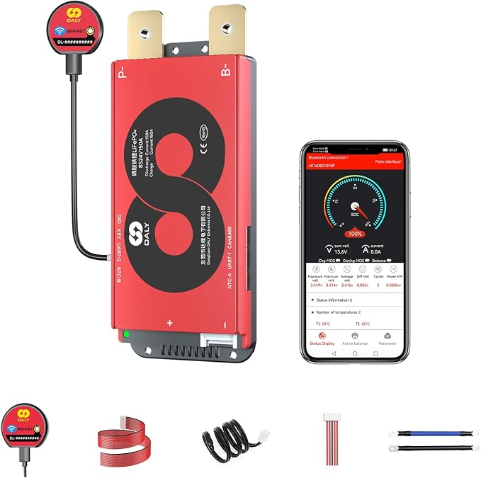 DALY Smart BMS 4S-16S 40A-500A with WiFi Module and CAN 485 Communication Protection Board for LifePO4 Lithium Battery Pack (Smart BMS 8S 24V，150A)