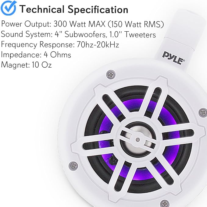Pyle Waterproof Marine Wakeboard Tower Speakers - 4in Dual Subwoofer Speaker Set w/LED Lights & Bluetooth for Wireless Music Streaming - Boat Audio System w/Mounting Clamps PLMRLEWB47WB (White)