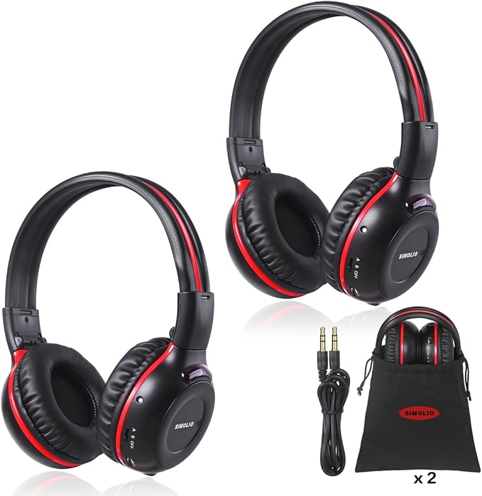 SIMOLIO 2 Pack of Wireless Car Headphones, 2 Channel IR Wireless Headphones for Kids, Not Bluetooth, in Car DVD Headsets with Storage Bag for Vehicle Universal Rear Entertainment System