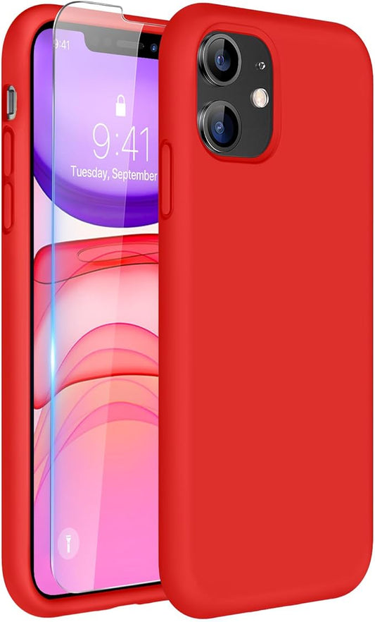 Miracase Designed for iPhone 11 Phone Case, with Screen Protector, Liquid Silicone Gel Rubber Full Body Drop Protection Shockproof Cover Phone Case for iPhone 11 6.1 inch, Red