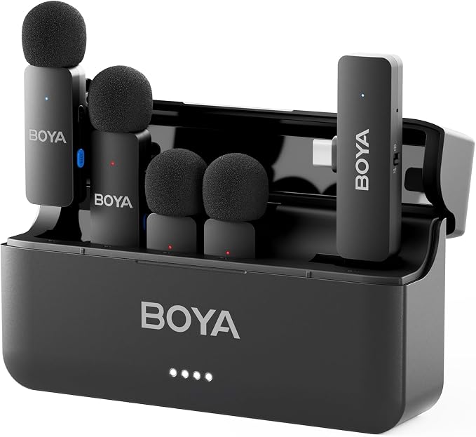 BOYA BY-V4U Wireless Lavalier Microphone for iPhone 15/16/17 & Type C, 4-Channel Lapel Mic with Charging Case, Plug & Play, Noise Cancelling, 18H Playback, for Video Content Creator