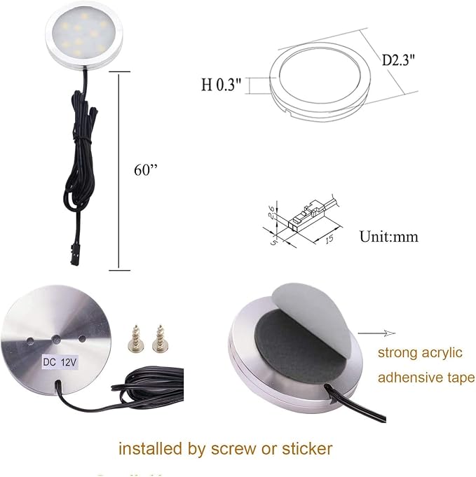 AIBOO LED Under Cabinet Lighting, 12V Under Counter Lights, Touch Dimming Puck Lights, Hardwired or Plug in with UL Listed Adapter, Updated Home Light, Accent Lights 24W (12 Lights Warm White)