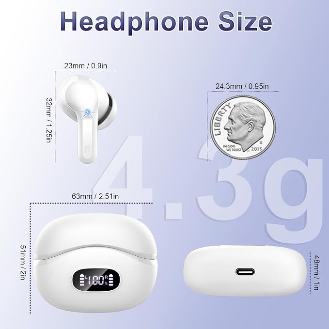 Wireless Earbuds, Bluetooth Headphones 5.4 HiFi Stereo Ear buds with ENC Noise Cancelling Mic, 40H Bluetooth Earbuds with Dual LED Display Charging Case, IP7 Waterproof Earphones for Android iOS