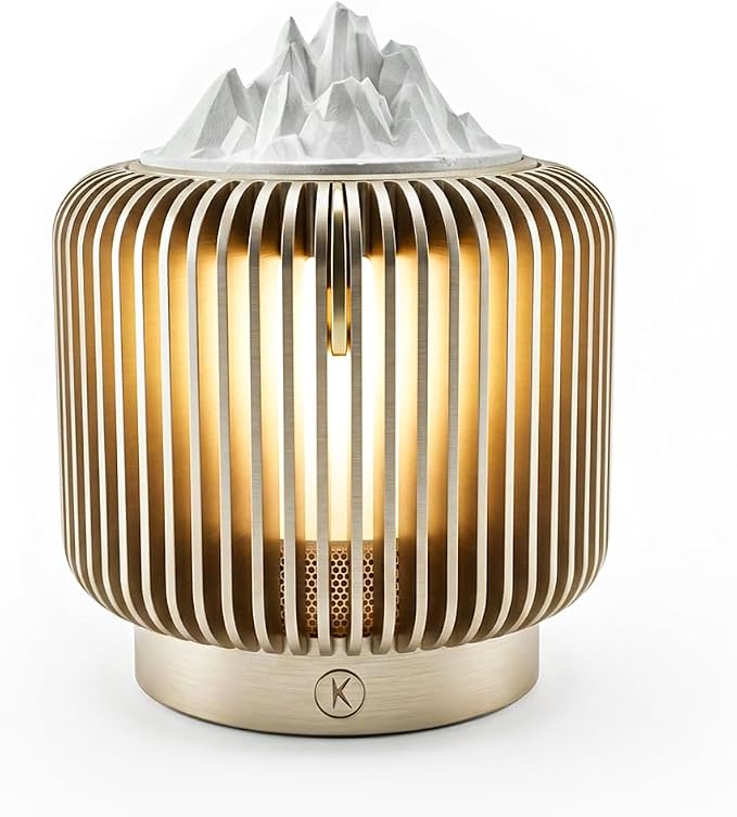 Masdio Bluetooth Speaker & Aroma Diffuser Night Light, Rotating Mountain Aroma Diffuser, Candlelight Mode, Stepless Dimming, 14H Battery, Lantern-Inspired Metal Design for Bedroom