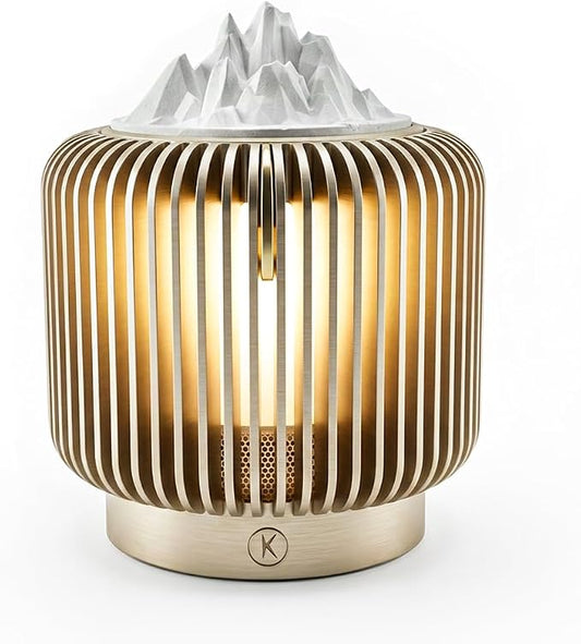 Masdio Bluetooth Speaker & Aroma Diffuser Night Light, Rotating Mountain Aroma Diffuser, Candlelight Mode, Stepless Dimming, 14H Battery, Lantern-Inspired Metal Design for Bedroom