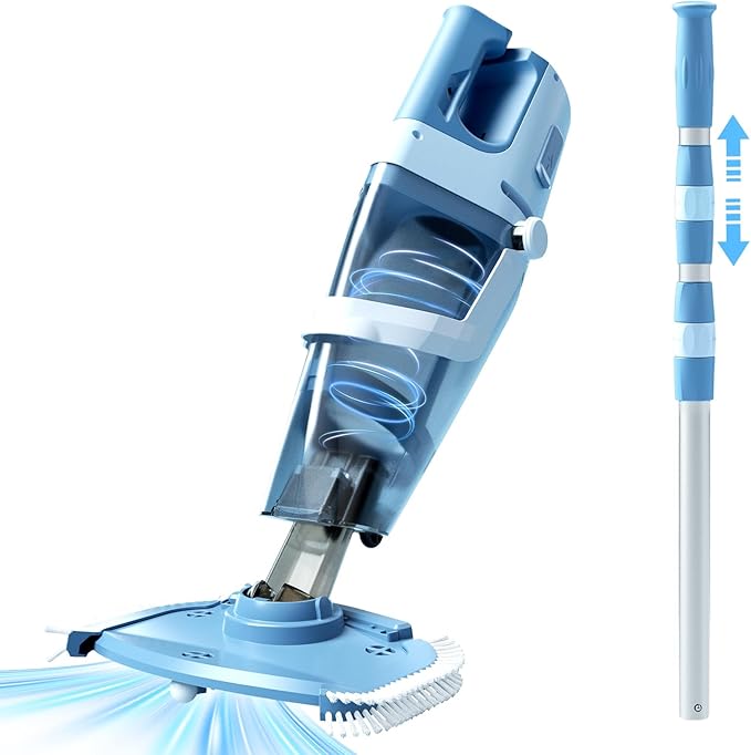 Cordless Pool Vacuum Above & Inground Pools, Powerful 1590 GPH Suction,Handheld Telescopic Pole up to 85.45", 1H Runtime, 2L Debris Bin, Rechargeable Pool Cleaner for Spas & Hot Tubs (Blue&Grey)