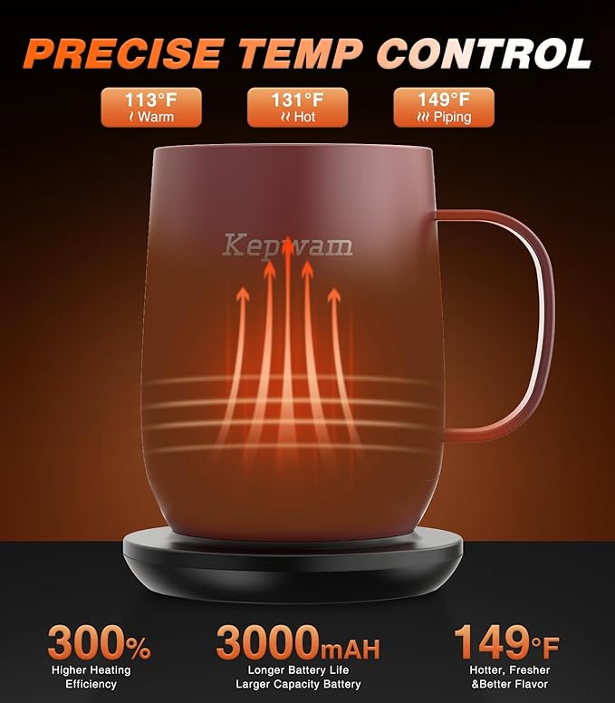 Kepwam Self Heating Coffee Mug T2, 16oz Smart Heated Coffee Mug, 150 Min Battery Life - Hot up to 149℉ Temperature Control Coffee Mug Warmer, Gifts for Dad Mom (No APP)