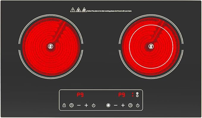 Electric Cooktop,110V 2400W 2 Burner Electric Cooktop,Countertop and Built-in Stove top with 9 Power Levels,Child Safety Lock, Timer, LED touch control,Overheat Protection