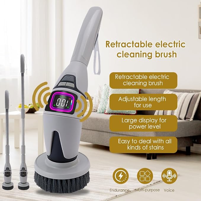 10 in 1 Electric Spin Scrubber, Bathroom Electric Cleaning Brush 10 Replacement Head, Cordless Shower Cleaning Brush with Extension Arm, IPX7 Waterproof Electric Scrubber, LED Screen