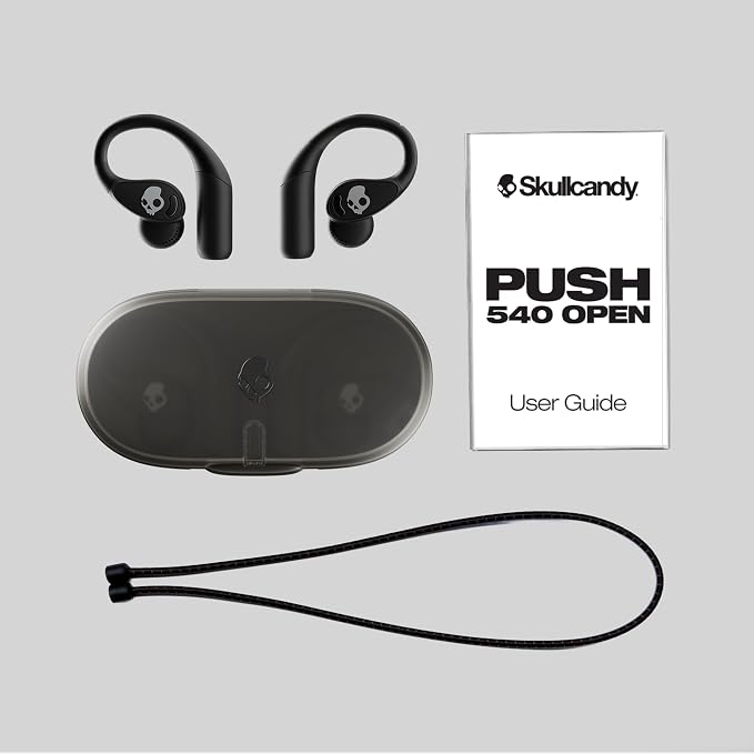 Skullcandy Push 540 Open Wireless Open-Ear Bluetooth Earbuds, Headphones, Sweat and Water Resistant, 42 Hours Battery, Detachable Neckband, Secure Fit, Microphone for iPhone Android - True Black
