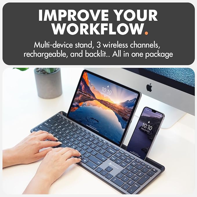 X9 Wireless Keyboard with Phone Holder - Full Size Bluetooth Keyboard with Number Pad, Backlit Wireless Keyboard, Multi-Device for iPad, Tablet, PC, Mac, iPhone, Android - Gray