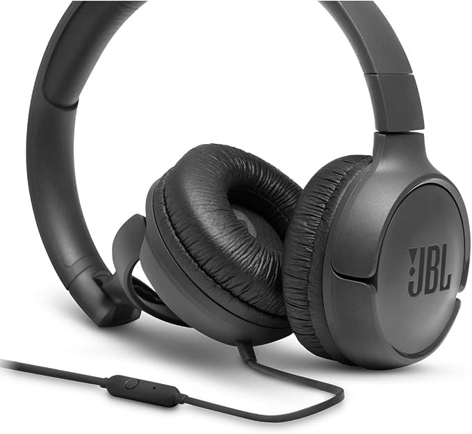 JBL Tune 500 - Wired on-ear headphones, JBL Pure Bass Sound, 1-button remote/mic, Tangle-free flat cable, Lightweight and foldable design, Ask Siri or Google Now (Black)